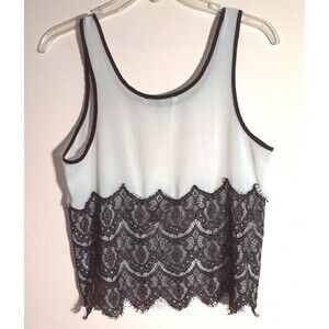 CHLOE K sz M Sleeveless Ivory-White Stretch Black Lace Eyelash Trim Chiffon Top